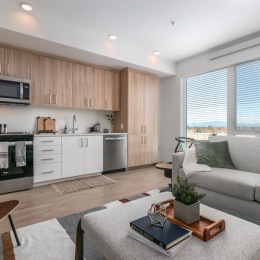 a living room and kitchen with a couch and coffee table