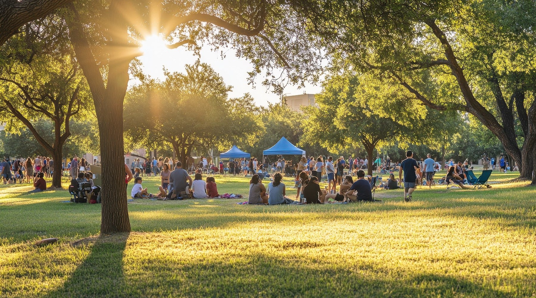 a group of people sitting in a park