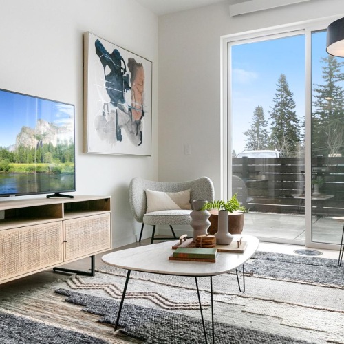 a living room with a large window